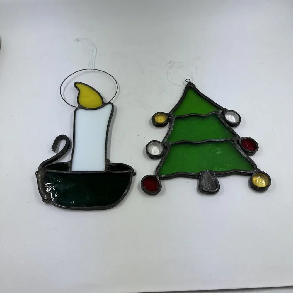 Vintage Stained‎ Glass Christmas Tree & Candle Window Hangers 6.5